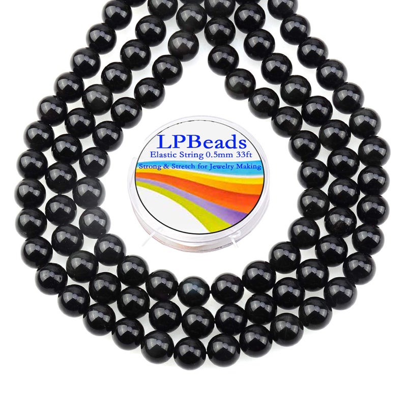 LPBeads خرز LPBeads 80 قطعة مصقول 10 مم دائري من حجر الأوبسيديان الطبيعي مع حبل مرن لصنع المجوهرات والأساور - Image 1